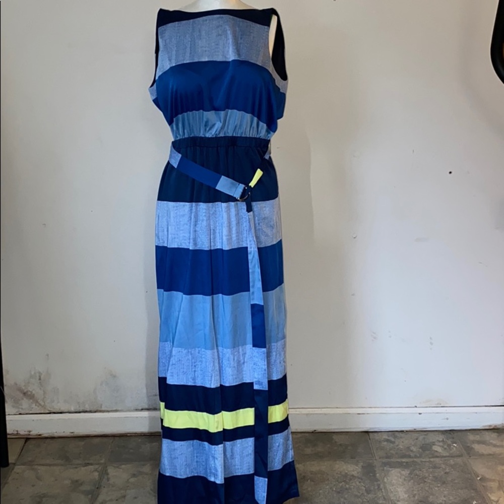 A blue and yellow stripped romper
